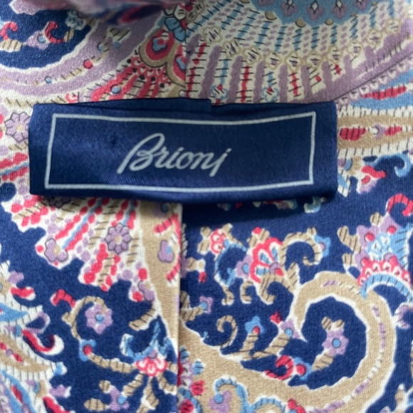 BRIONI Italian Silk Tie Large Paisley Navy Blue Coral Taupe Grey - Picture 2 of 3